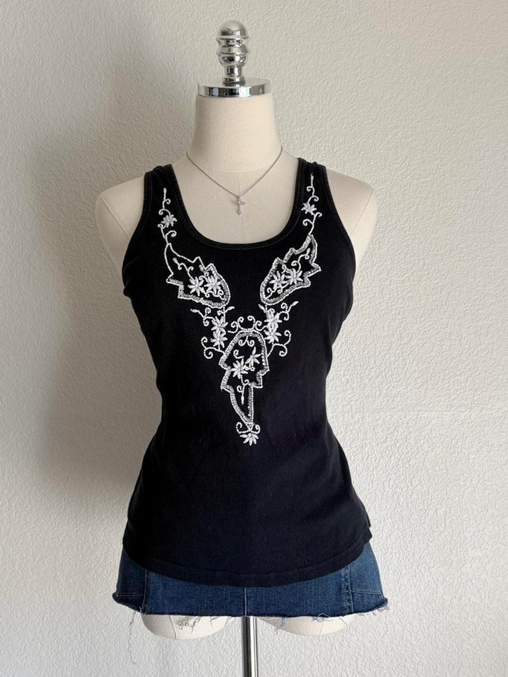 Bisou Bisou Black Tank with White Beaded Front